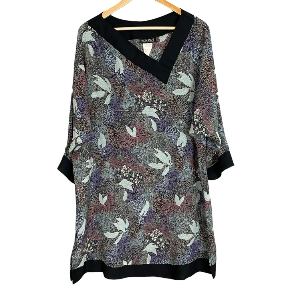 Vintage Sheer Blouse Floral Asymmetrical Neckline V-Neck Plus‎ Size Women Top